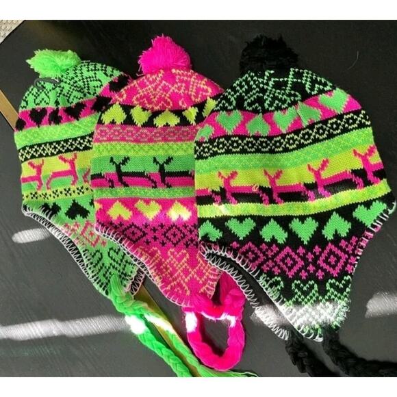 Bright Neon Colors Andean Style Chullo Ear Flap Trapper Hat Neon Green - Picture 2 of 5